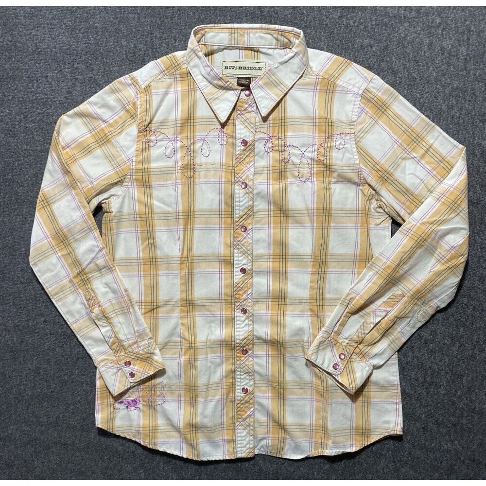 Bit And Bridle Womens Plaid White Orange Pearl Snap Long Sleeve Shirt Size M